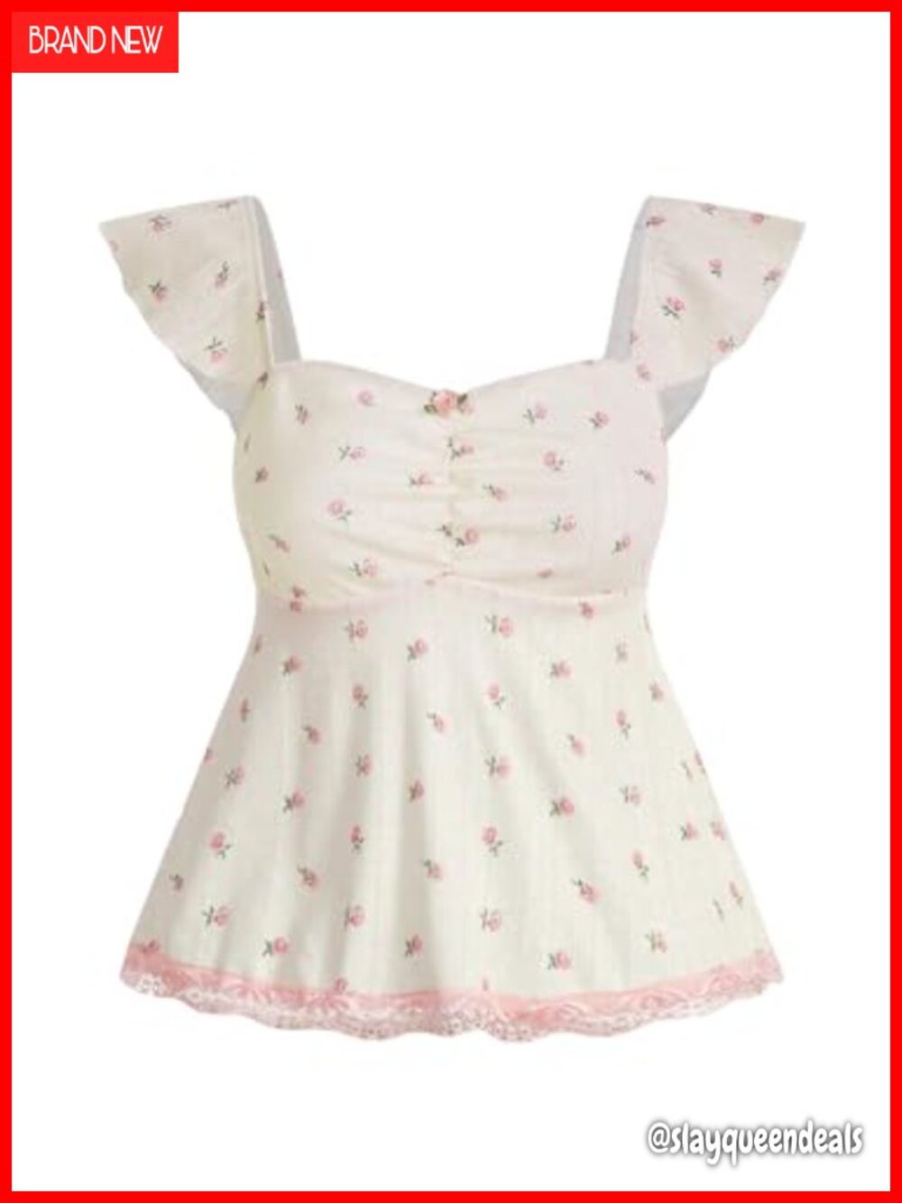 Floral Print Lace Trim Cap Sleeve Peplum Tee Sweetheart Neck Casual Top